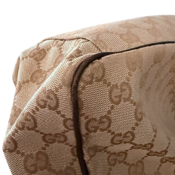 GUCCI Positano Tote Handbag Beige GG Logo Canvas Brown Leather Trim Authentic - Picture 14 of 14